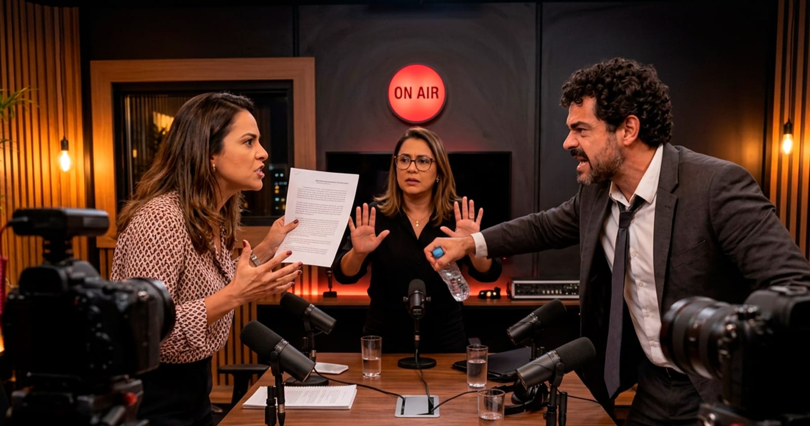 Simulação de entrevista em estúdio, cena ilustrativa de media training